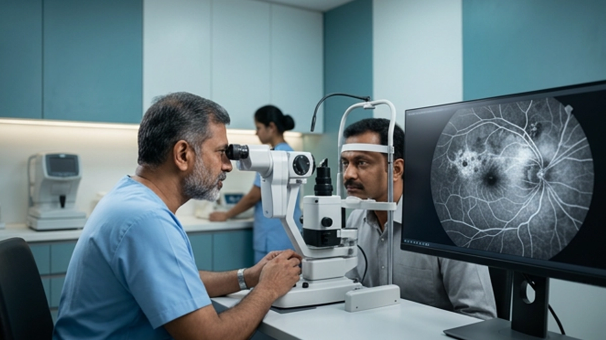 Retinal imaging during a fluorescein angiography eye test to examine blood vessels and identify abnormalities in the retina.