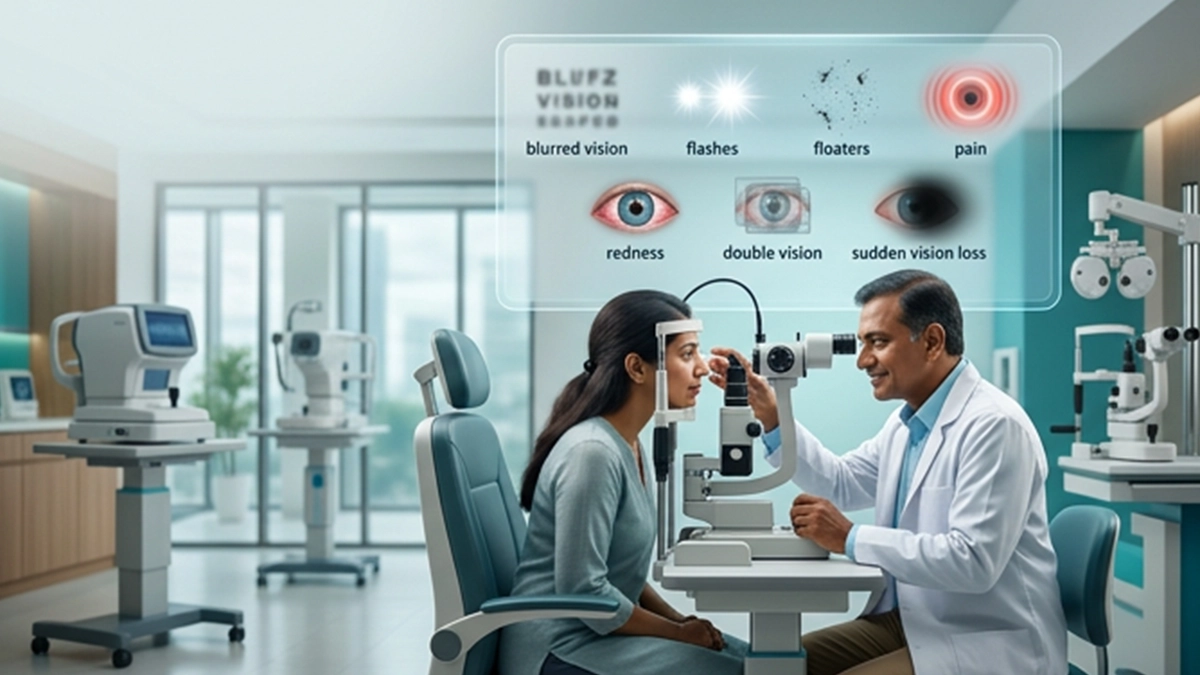 Person experiencing eye symptoms while an eye specialist checks for warning signs that may require prompt eye care.