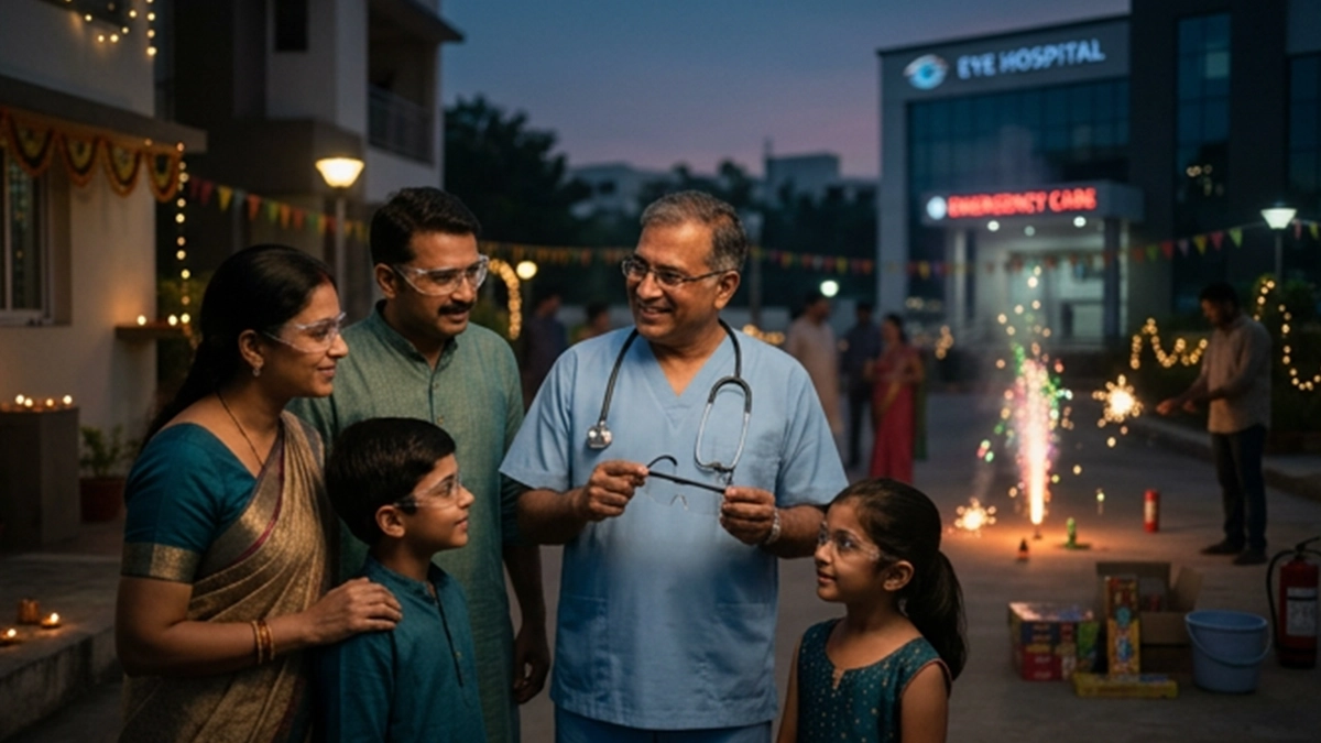 Family observing firecracker safety precautions during Dussehra, with children kept at a safe distance from fireworks.
