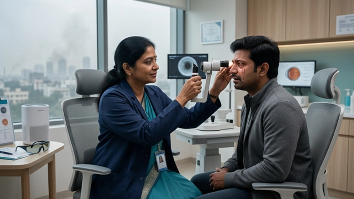 Person experiencing eye irritation outdoors in smoky, polluted air, illustrating the effects of poor air quality on eye comfort.